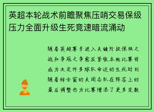 英超本轮战术前瞻聚焦压哨交易保级压力全面升级生死竞速暗流涌动